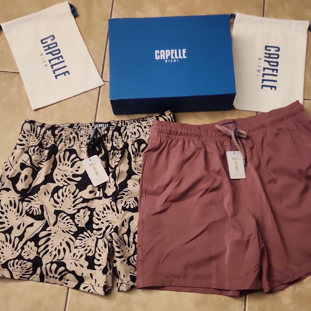 Capelle Swim Shorts Set - Black and Beige Floral, Mauve